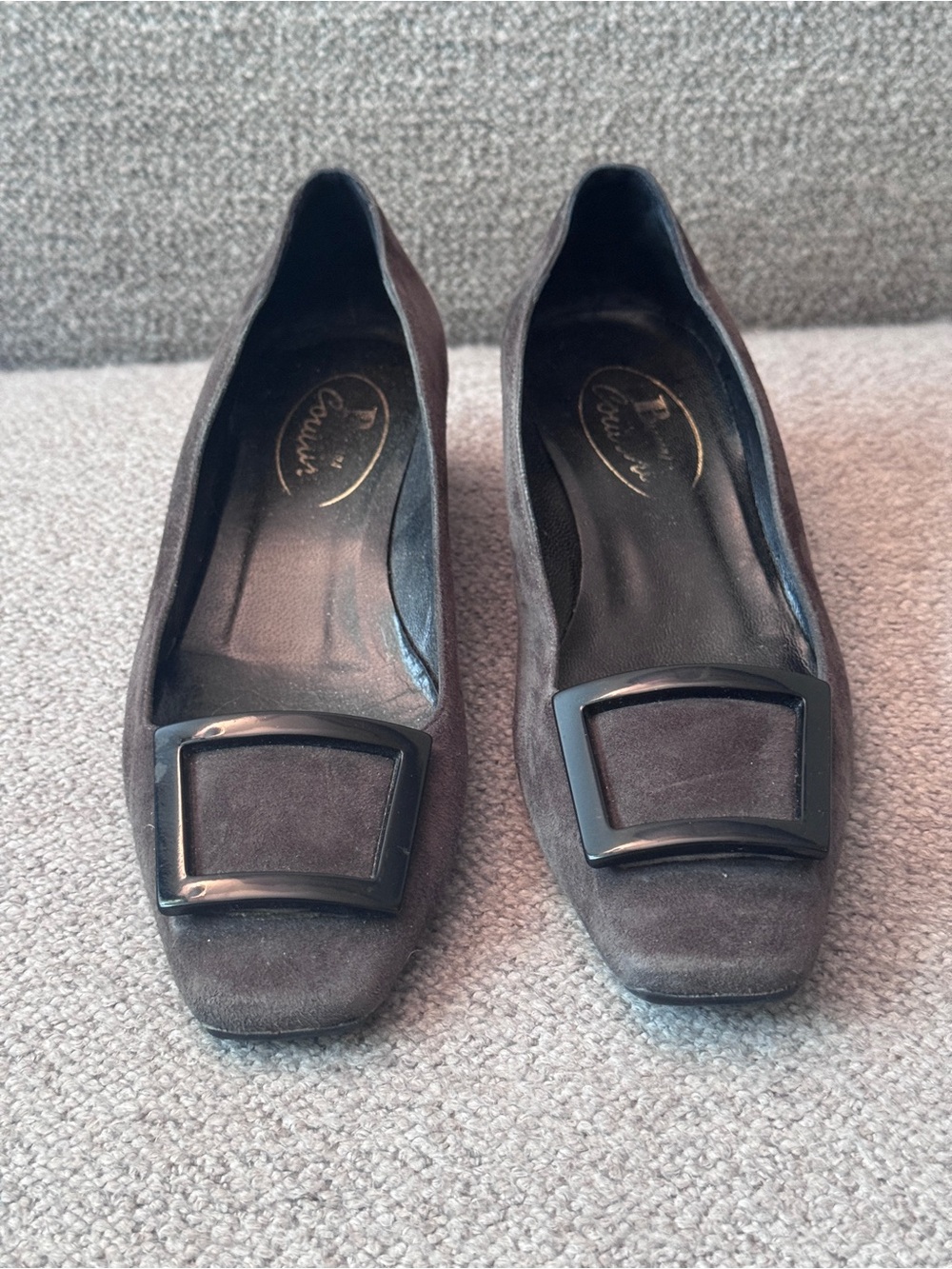 Browns Women's Suede Square-Toe Flats Decorative Buckle in Dark Grey Size 36